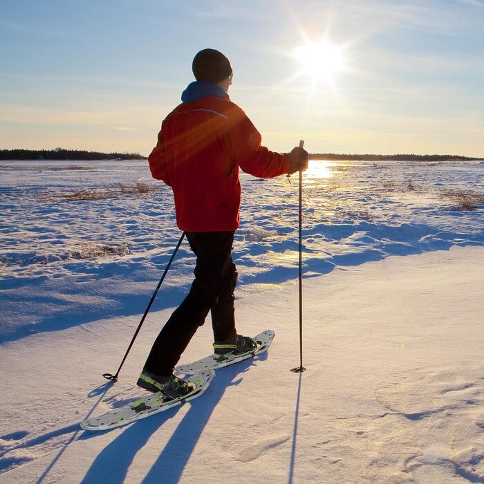 Снігоступи G2 21/25/30 дюймів, легкі, з коробкою для пальців, п'яткою з підйомником, регульованими ремінцями, набором трекінгових палиць, сумкою для перенесення та набором баскеток, оранжево/синій/червоний (21