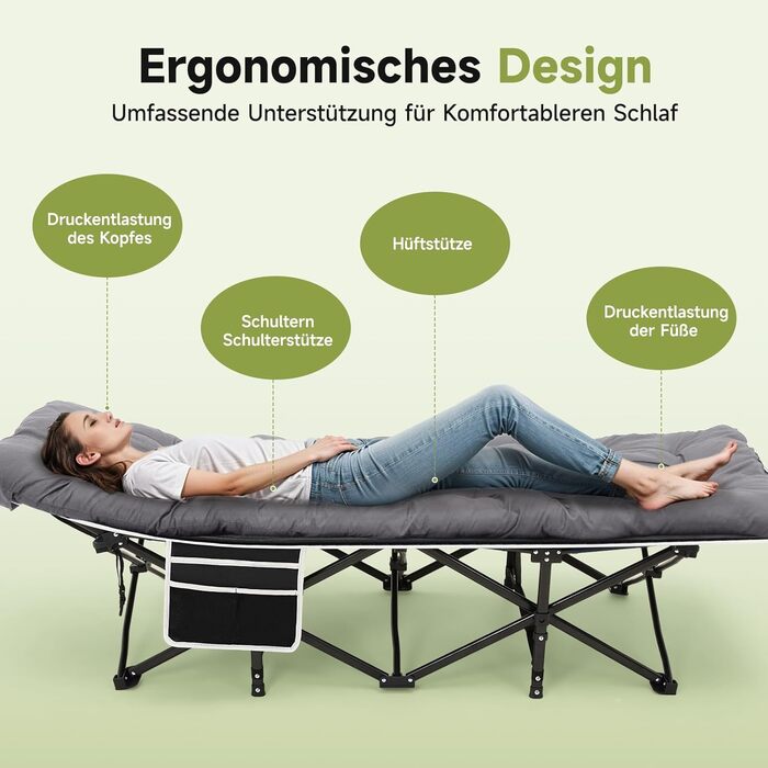 Ліжко-розкладачка Warmiehomy XXL з матрацом для дорослих, гостьове ліжко, широке, міцне, для кемпінгу, відпочинку, офісу, саду, сіре, з матрацом