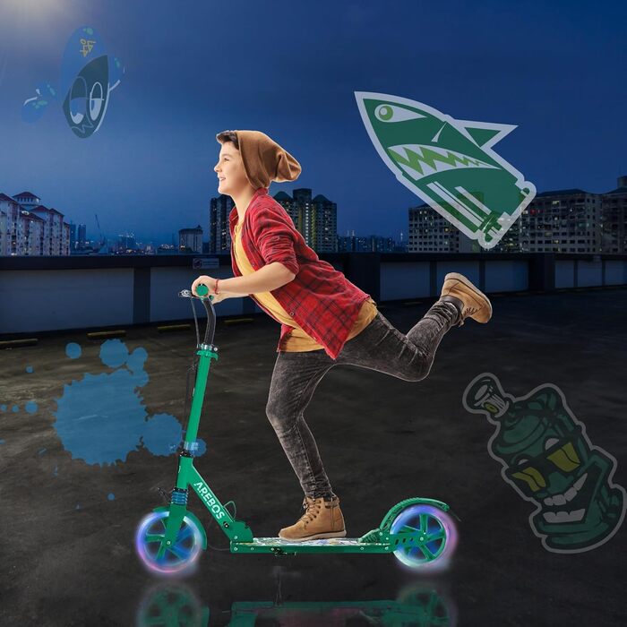 Самокат Arebos з LED-підсвіткою, складаний, регульований, для дітей і дорослих, до 100 кг, ручна і ножна гальмівна система, з ременем для перенесення
