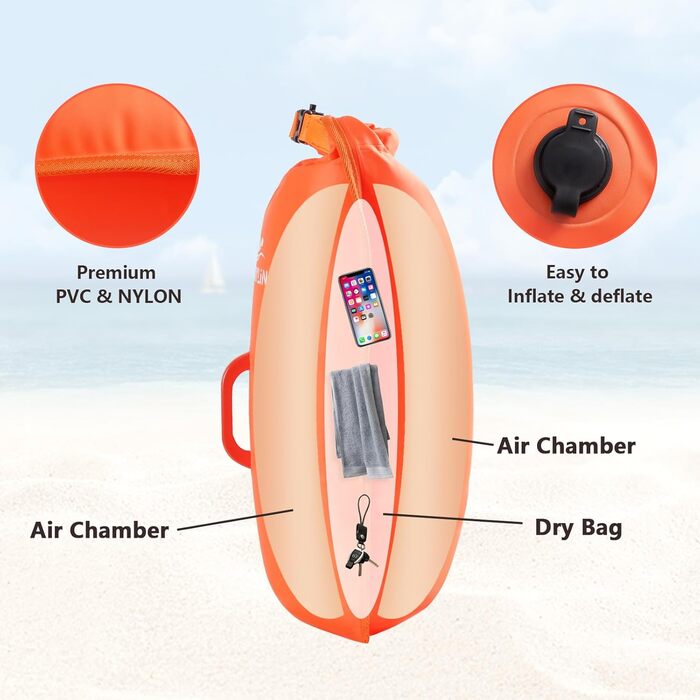 Надувна плавуча боєчка (28L) для дорослих та дітей - безпечний плавальний боєць для відкритих вод та триатлону, оранжевий